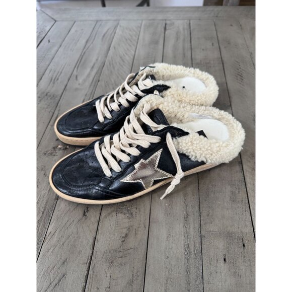 Golden Goose Ball Star Sabot Sneakers Shearling Lined Silver Star Black Leather - Picture 1 of 7